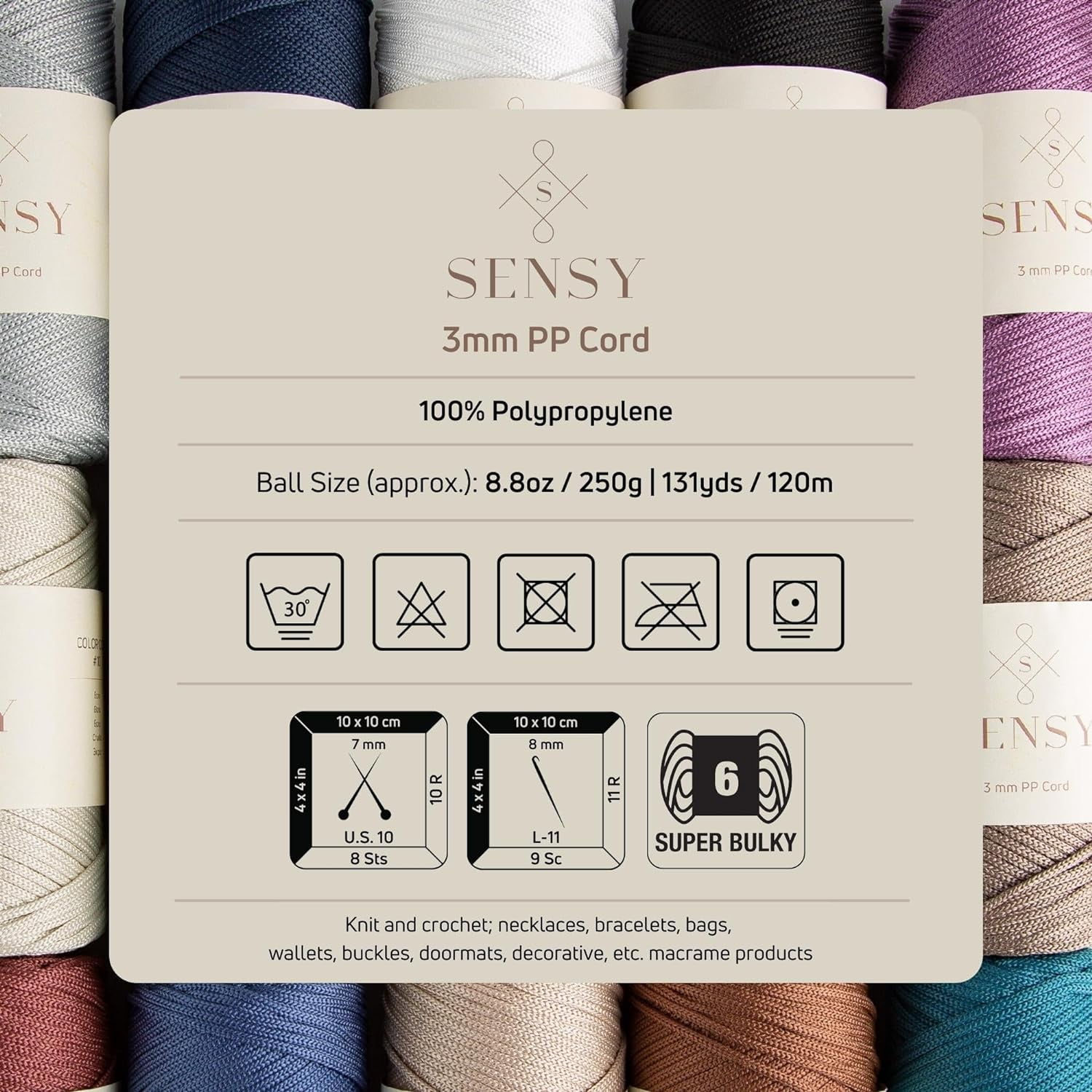 2 Skeins of Sensy Premium 3mm 131 Yards Polyester Rope 100% Polypropylene Cord Macrame Cord 3mm Crochet Bag Cord Macrame Rope Crochet Thread Gift for Knitter (Sage)