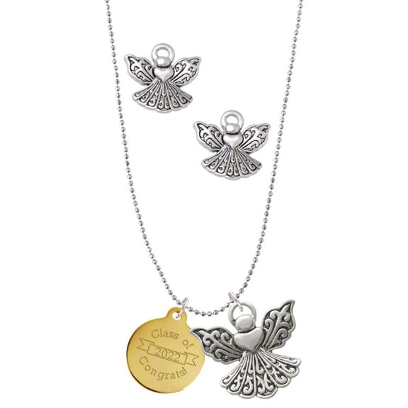Delight Jewelry Goldtone Engraved Class of 2022 Silver tone Guardian Angel Charm Necklace and Stud Earrings