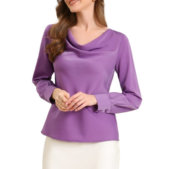 DARING DIVA Women's Elegant Cowl Neck Office Satin Blouse XS Purple