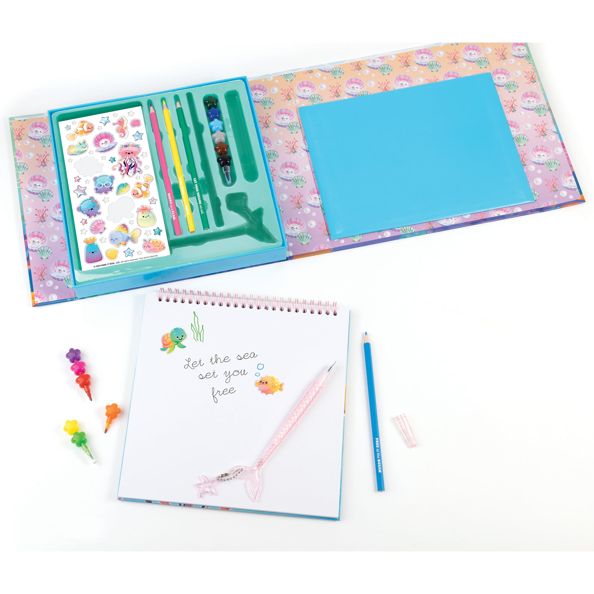 3C4G: Seas The Day! Aquatic Artist Drawing Set - 20pc Make Your Own Waves Ocean Themed Kit, Magnetic Closing Box, Full-Sized Sketchbook, Girls Kids 8+