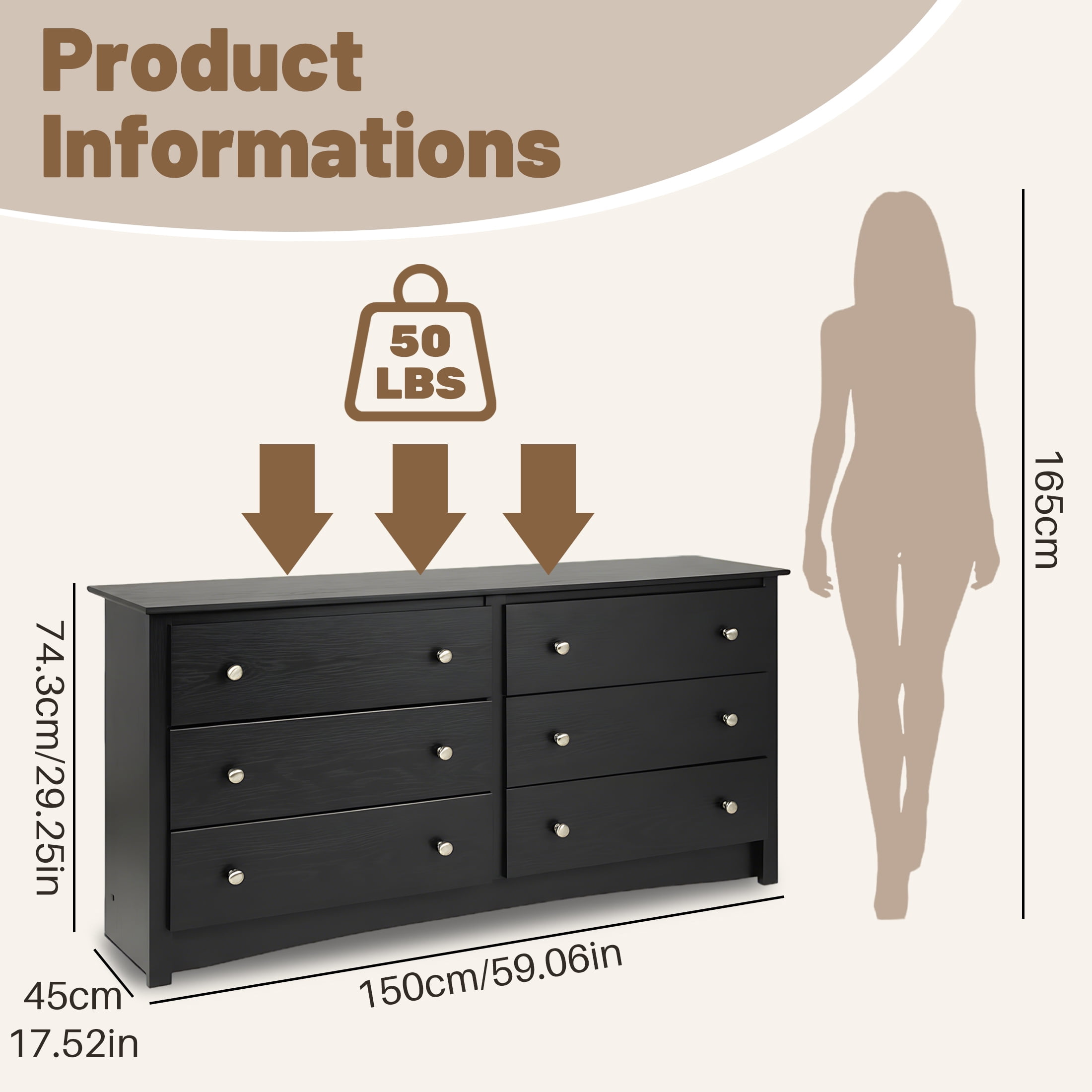 edx 59in Wood Dresser 6 Drawer, Black Storage Cabinet, Vintage Dresser, Chest of Drawers for Bedroom and Living Room, Black