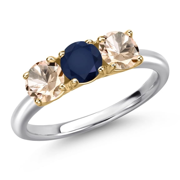 Gem Stone King 925 Silver and 10K Yellow Gold Blue Sapphire and Peach Morganite Engagement Ring for Women | 1.40 Cttw | Round 5MM | Gemstone September Birthstone | Size 9