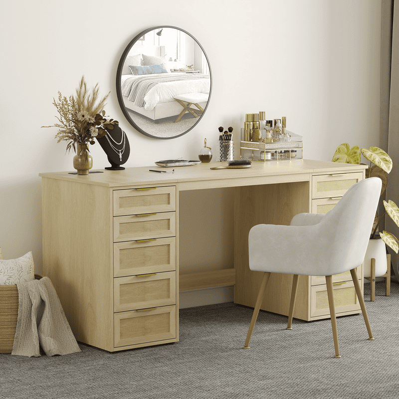 60" Boho Farmhouse Home Office Desk with 10 Wooden Drawers,Natural Brown