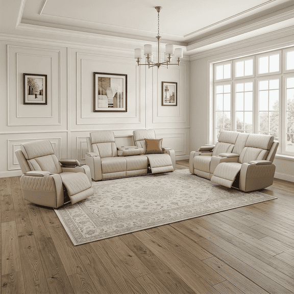 3-Piece Beige Power Recliner Sectional Sofa Set, Faux Leather L-Shape Couch with Loveseat, Chair, LED Lights & Wireless Charger, Living Room Furniture
