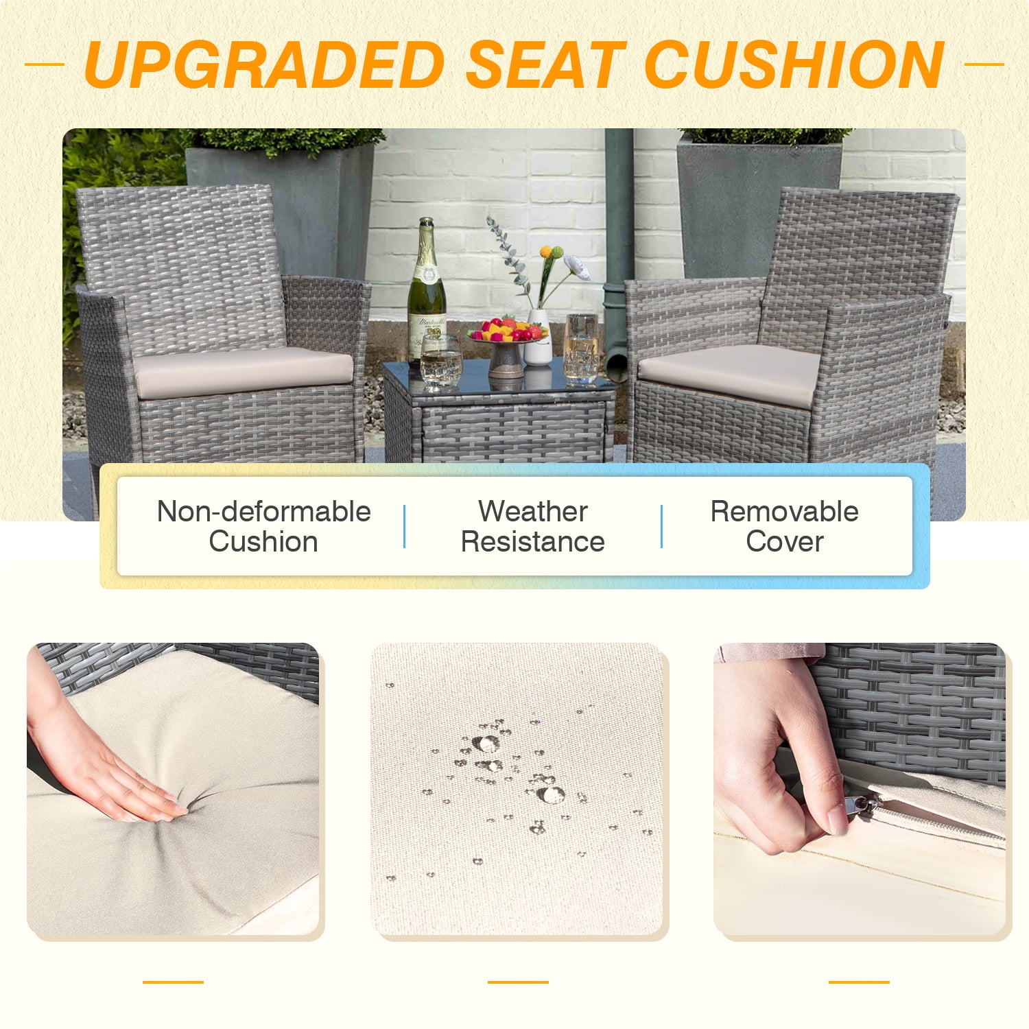 Homall 3 Piece Patio Furniture Set Outdoor Rattan Chair with Cushion and Coffee Table Patio Bistro Set for Balcony Garden Porch Beige
