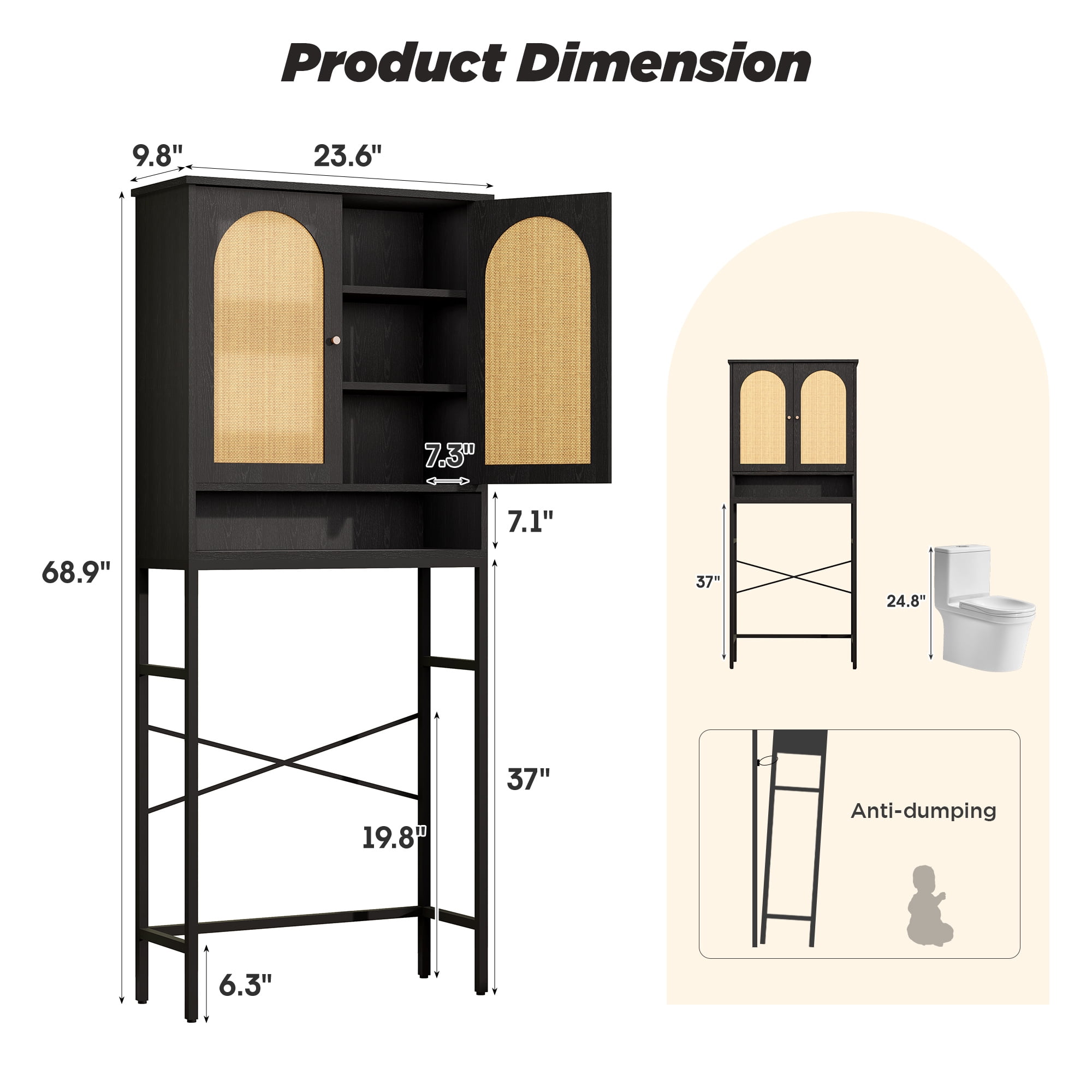 Veanerwood Rattan Toilet Storage Cabinet, Over The Rack Wood Cabinet with Metal Stand, Bathroom Organizer with Adjustable Shelf, Tall Freestanding Washer Shelf, Small Cupboard, Black