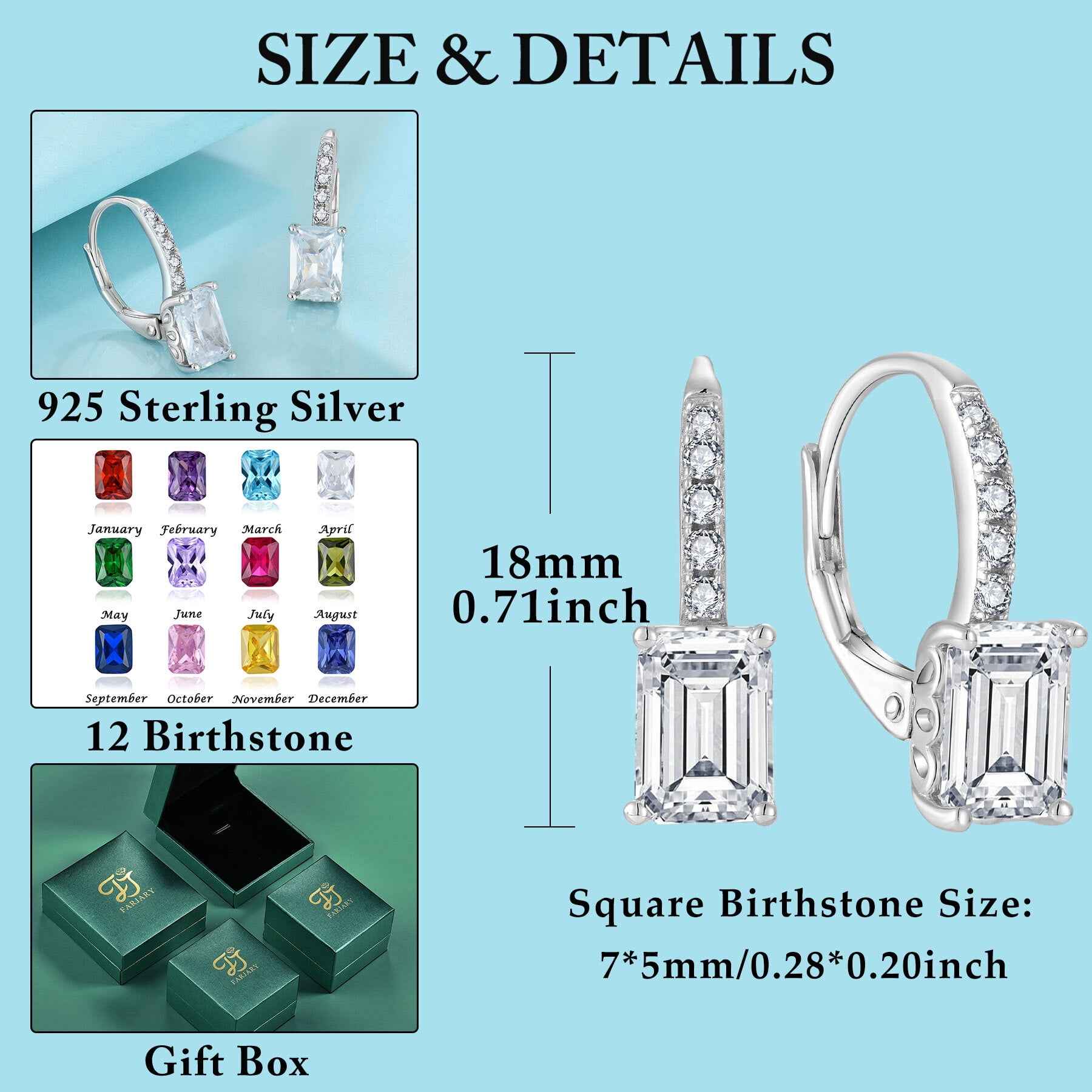 FJ Princess Cut Dangle Drop Earrings 925 Sterling Silver Square Leverback Earrings April Birthstone Cubic Zirconia Jewelry Gifts for Women