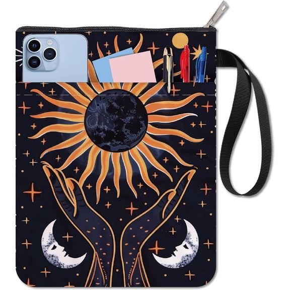Tarot Book Cover Astrology Book Sleeve Protector Case Mysterious Sun and Moon Notebook Wraps with Zipper and Extra Pocket Pouch for Paperback Hardcover Bookish Reading Gift Librarian Bookworm