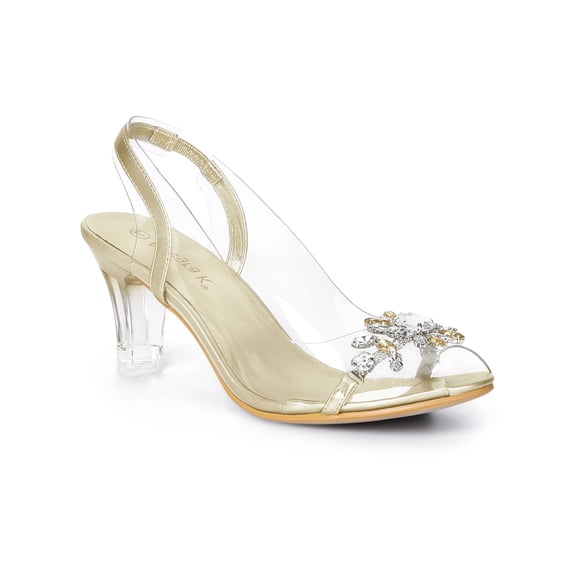 BLISSFUL STEP Halloween Women's Flower Rhinestone Slingback Clear Mid Heel Slip On Sandals Gold 5.5