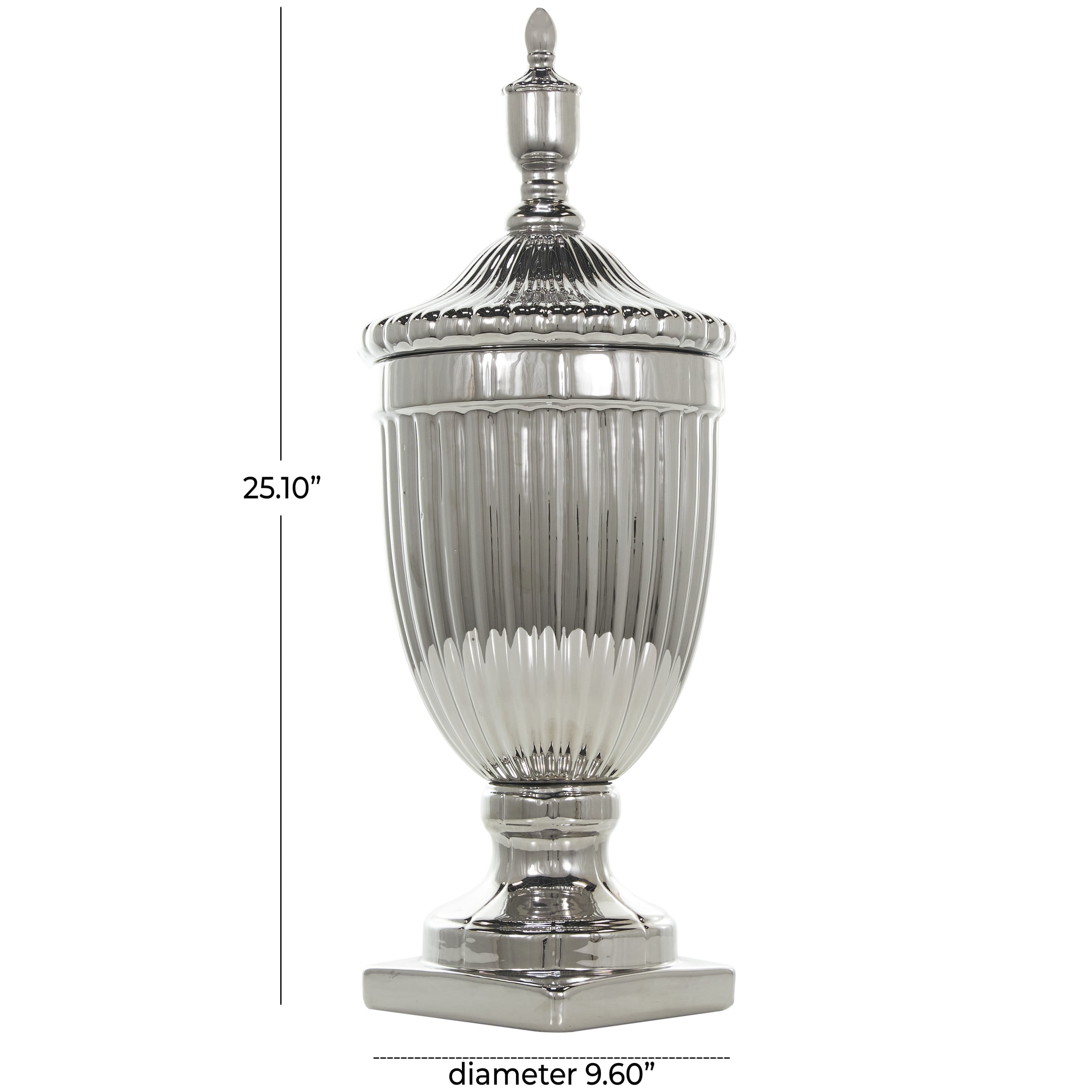 DecMode 10" x 25" Silver Ceramic Tall Decorative Jars with Grooves, 1-Piece