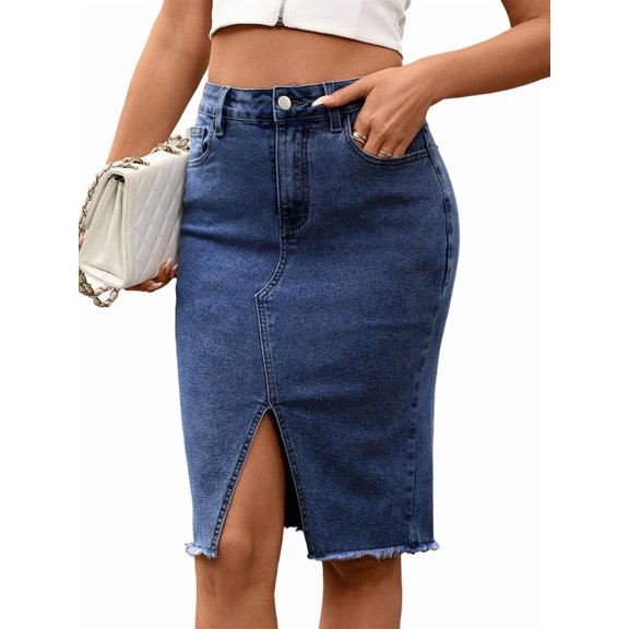 Jaimenalin Women Denim Pencil Skirts Mid Long High Waist A Line Midi Jean Skirt Split Hem Skirts for Ladies. XL