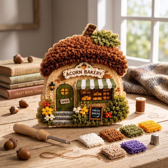 Werulen Whimsical Village Fabric Poke Art Craft Kit, No Sew Cottage Embroidery Project, Illustrated Guide Handmade Hobby Kit, Creative Fabric Art Set, Relaxing Textile Craft Kit