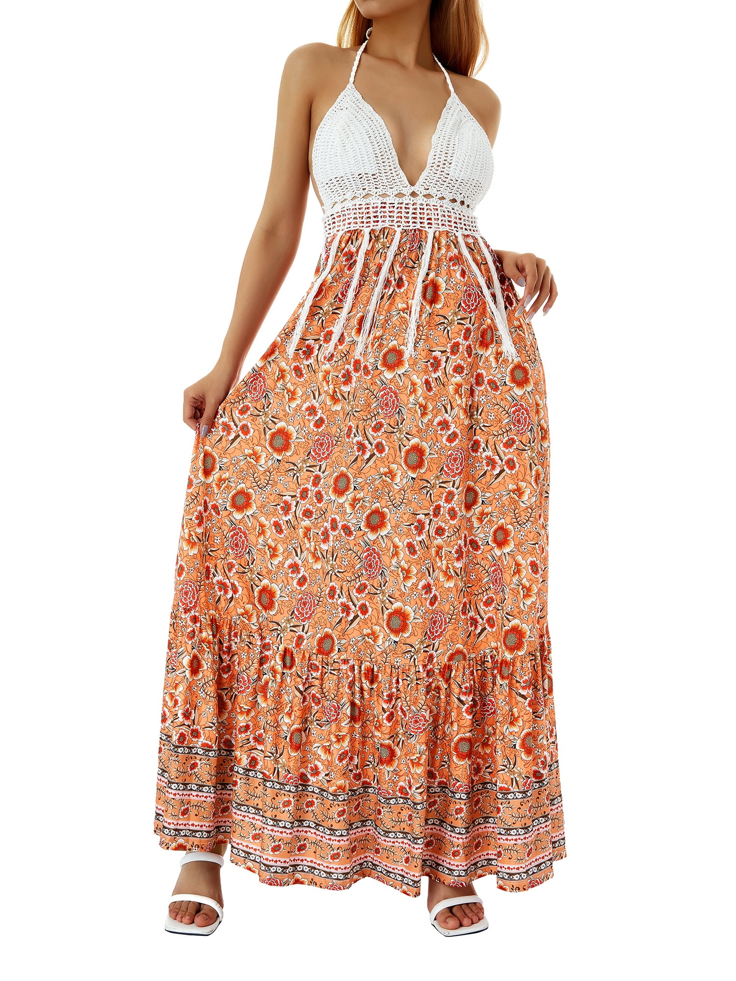 women's beach crochet backless bohemian halter maxi long dress
