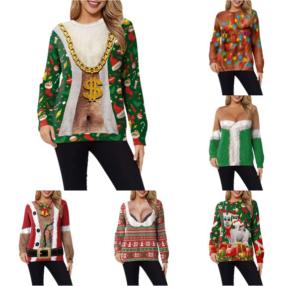 Women 3D Print Christmas Crewneck Sweatshirt with Novelty Santa and Cat Design Holiday Party Pullover Top