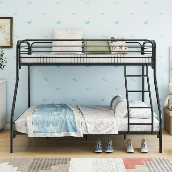 Hassch Twin Over Full Size Metal Bunk Bed with Built-in Ladder and Full Length Guardrails, Heavy Duty Bunkbed Frame for Small Space, No Box Spring Needed, Black