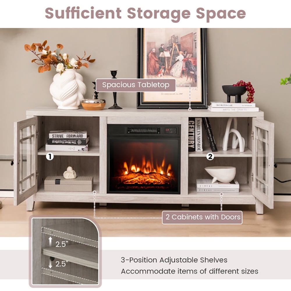 Finihen TV Stand, TV Cabinet, 58 Inch Fireplace TV Stand with Adjustable Shelves for TVs up to 65 Inch, Media Entertainment Center with Storage, for Living Room, Bedroom, Natural