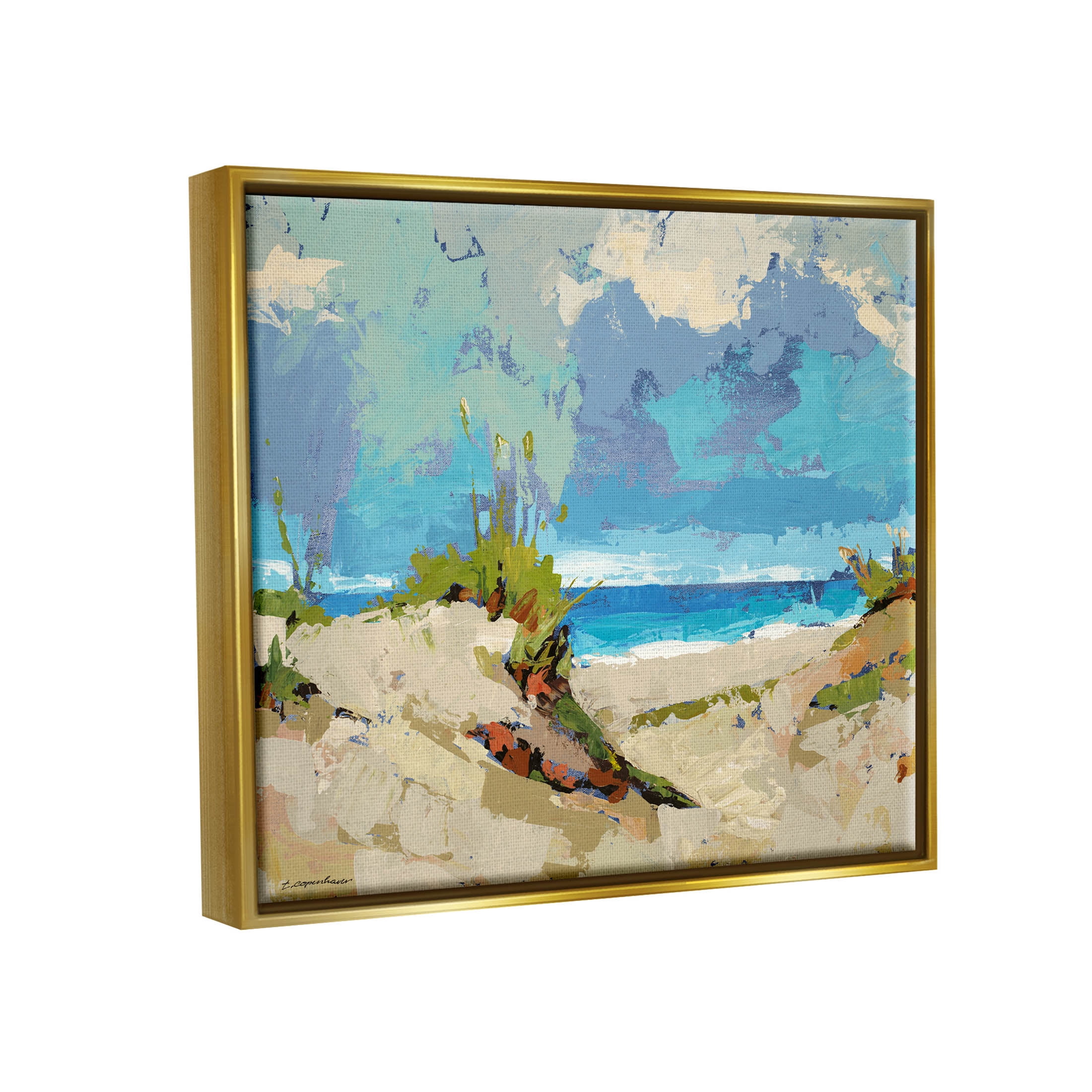Modern Seaside Beach Scene Landscape Painting Metallic Gold Framed Art Print Wall Art