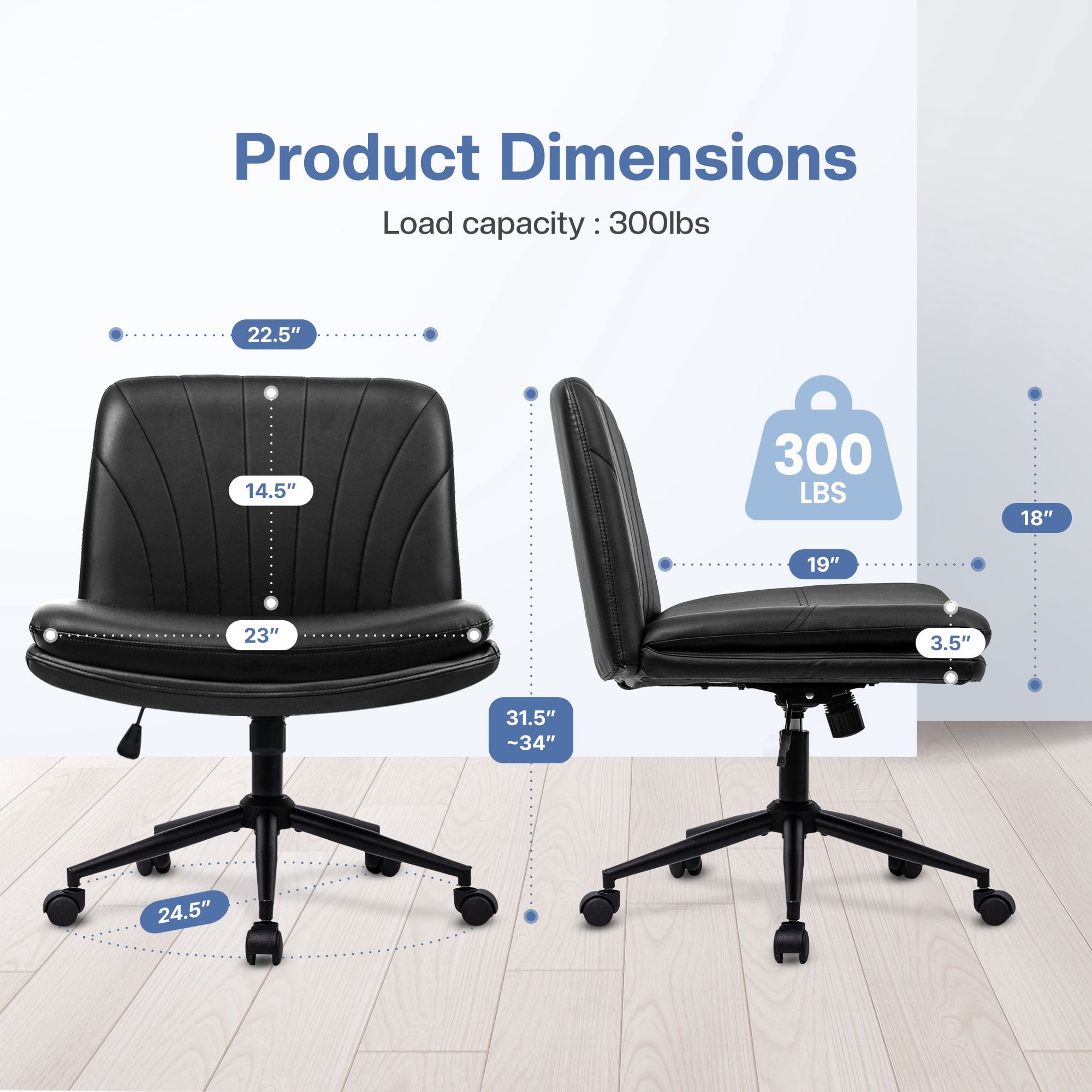 Celtoss Criss Cross Home Office Chair, Armless Swivel Task Computer Chair with Wheels, in PU Leather, Vanity Style, Black