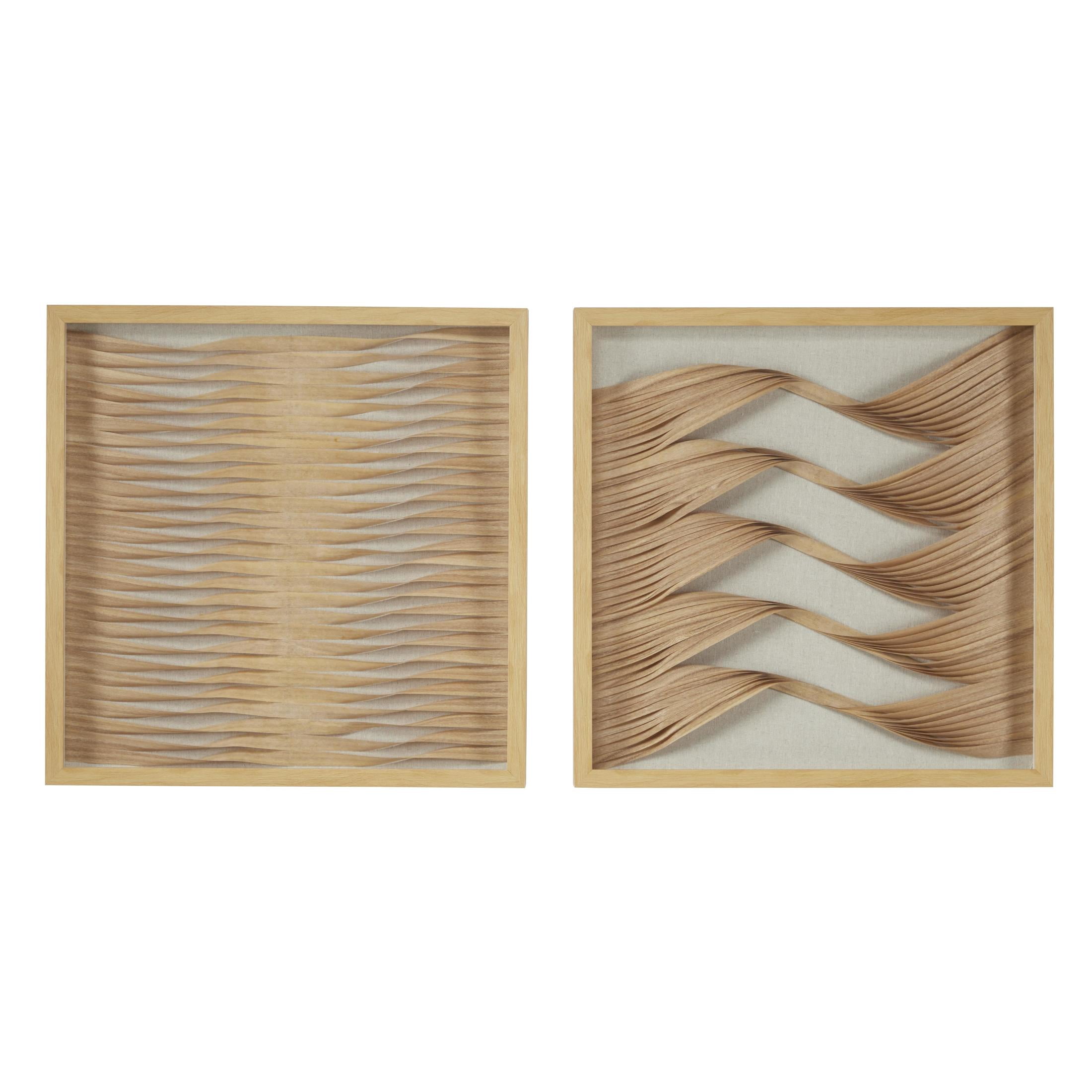 24"W, 24"H Brown Abstract Handmade Twisted Ribbon Shadow Box with Beige Linen Backing, by DecMode (2 Count)