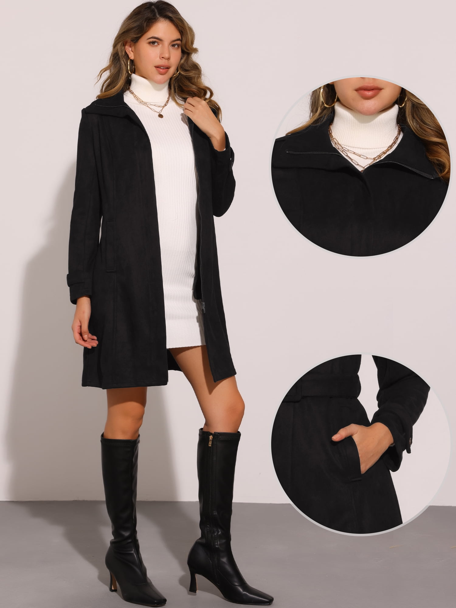 DARING DIVA Women's Faux Suede Coat Belted Zipper Jacket for Stylish Wear L Black