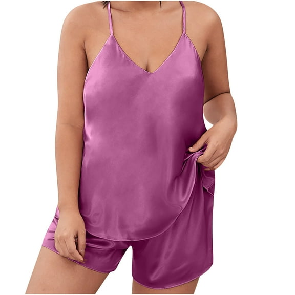 tarylea Plus Size Pajamas Sets for Women Deep V Neck Spaghetti Strap Tank Top Elastic Waist Shorts Solid Color Satin Suits Casual Summer Sleepwear Sets