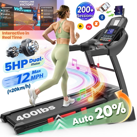 5HP Foldable Treadmill for Home w/ 15% Auto Incline, 400lbs Capacity, 10MPH Portable Treadmill, 64+7 Programs, Personalized Workout with APP,  Running Walking treadmill