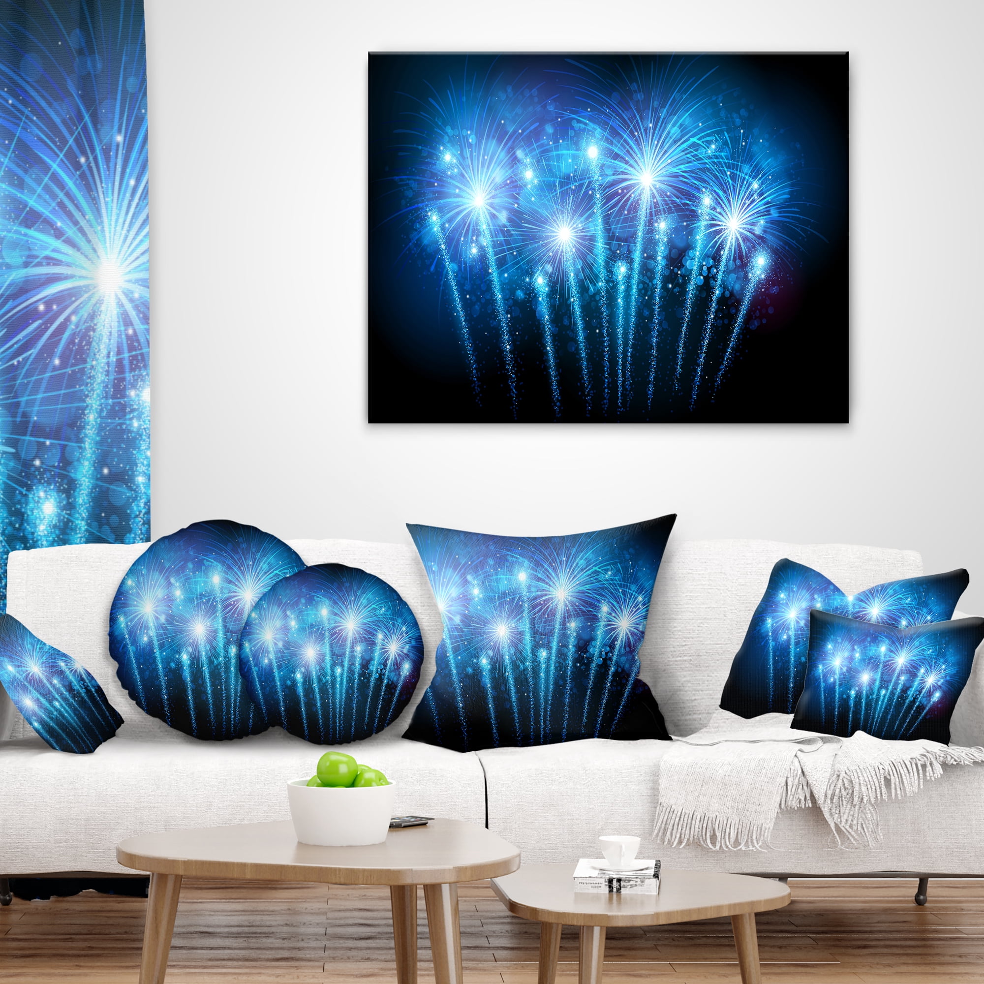 Designart Blue Fireworks at Night Sky - Skyline Photography Throw Pillow - 18x18