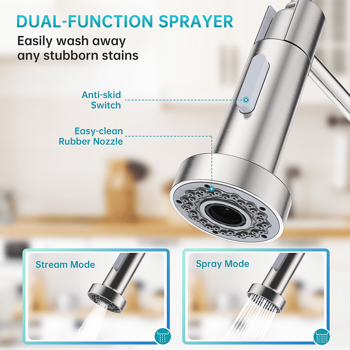 Kitchen Faucet w/ Pull Down Sprayer, High Arc Spring Kitchen Sink Faucet, Modern rv Single Handle Water faucets with Deck Plate&Water Lines, Dual Function for Bar/Laundry/Utility Sink, Brushed Nickel