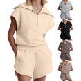 thumbnail image 2 of Women Two Piece Outfits Tracksuit Half Zip Lapel Cap Sleeve Sweatshirt High Waist Drawstring Shorts Set Sweatsuit, 2 of 4