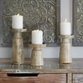 thumbnail image 2 of DecMode 3 Candle Brown Mango Wood Floral Round Carved Pillar Candle Holder, Set of 3, 2 of 7