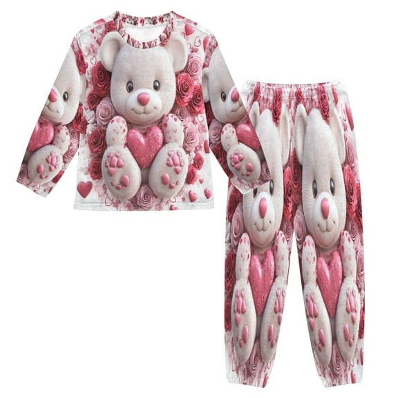 BZSMCE Unisex Fluffy Pajama Set Cuddly Bear in Floral Embrace Printed