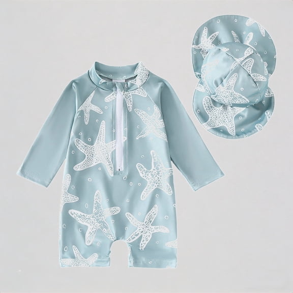 Krdevn Baby Unisex One Piece Rash Guard Swimsuit With Sun Hat Fish Print Full Front Zip Long Sleeve UPF 50 Summer Beach Pool Swimwear,3-6 Months
