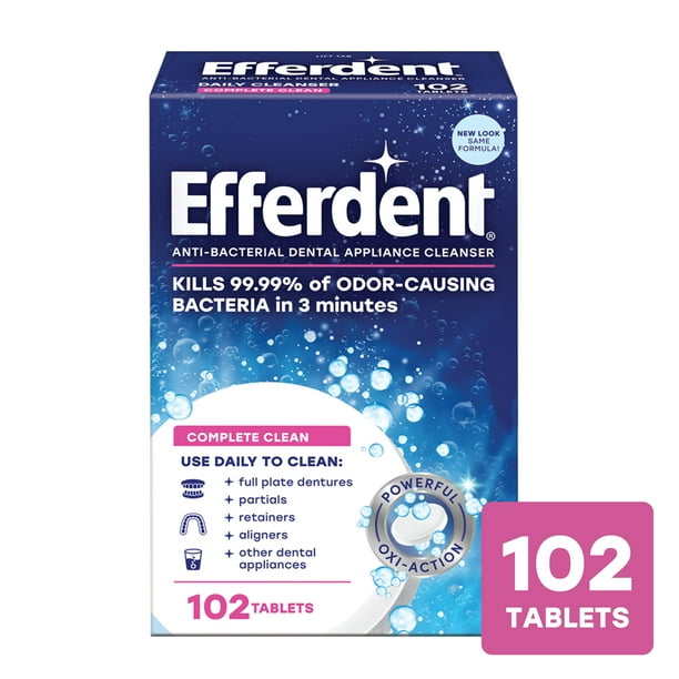 Efferdent Tabletas Limpiadoras de Retenedores y Dentaduras Postizas Limpieza Completa, 102 Unidades