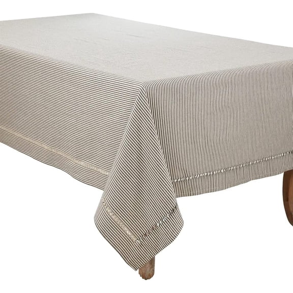 Fennco Styles Modern Stripe Design Hemstitch Cotton Tablecloth 65" W x 120" L - Black & White Woven Table Cover for Home Décor, Dining Table, Banquet, Family Gathering and Special Occasion