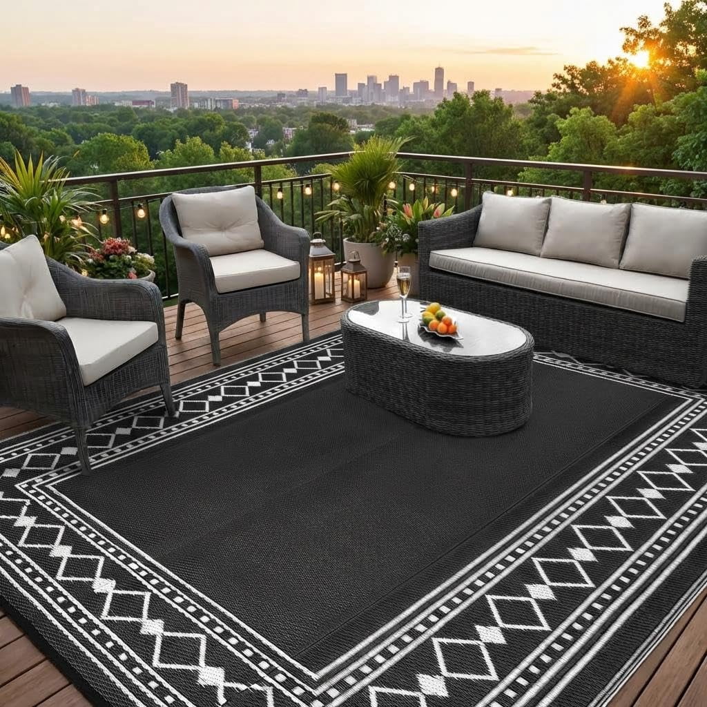 Outdoor Rug 10x14 for Patios Clearance,Waterproof Mat,Large Outside Carpet,Reversible Plastic Straw Camping Rugs,Porch,Deck,Balcony,Backyard,White/Black
