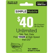 SIMPLE Mobile $40 Unlimited 30-Day Prepaid Plan (15GB at high speeds) + International Calling Credit e-PIN Top Up (Email Delivery)