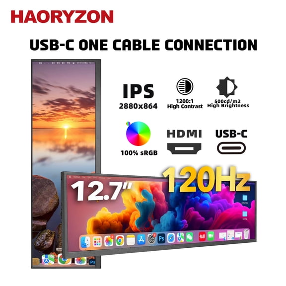 120Hz 12.7-inch Ultra-Wide Bar Monitor 2880x864 HD 100% sRGB IPS Display USB-C & HDMI for PC Case Windows Raspberry Pi Sensor Panel Gaming Dashboard