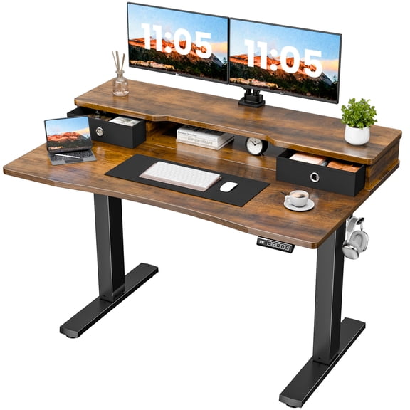 Bashaw 48x24 Inch Electric Standing Desk with Drawers, Height Adjustable Sit Stand Up Desk, Storage Shelf Ergonomic Home Office Desk