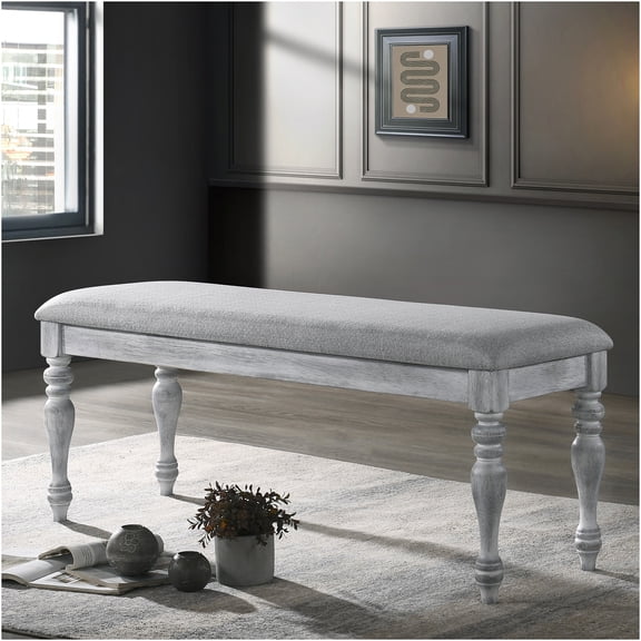 JERFIT Salines Upholstered Turned Leg Dining Bench Rustic White