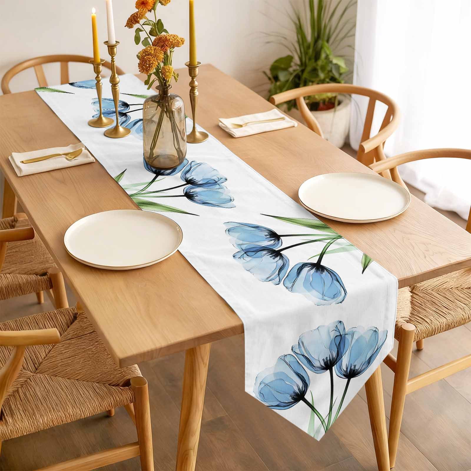 Blue Tulip Table Runner 108 Inches Long Country Flower Farmhouse Table Runners for Dining Room Tabletop Dresser Scarf Home Party Banquet Wedding Holiday Decoration