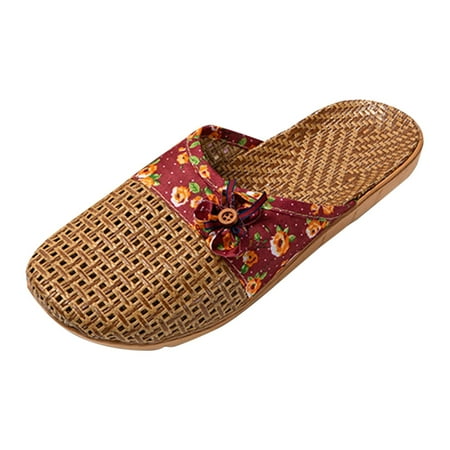 

MIASHUI Summer Sandals for Women 2024 Slippers Cool Linen Soles Comfortable Slippers Soft Soles Outdoor Breathable Cotton Linen Sandals Flower Linen Slippers Red 6