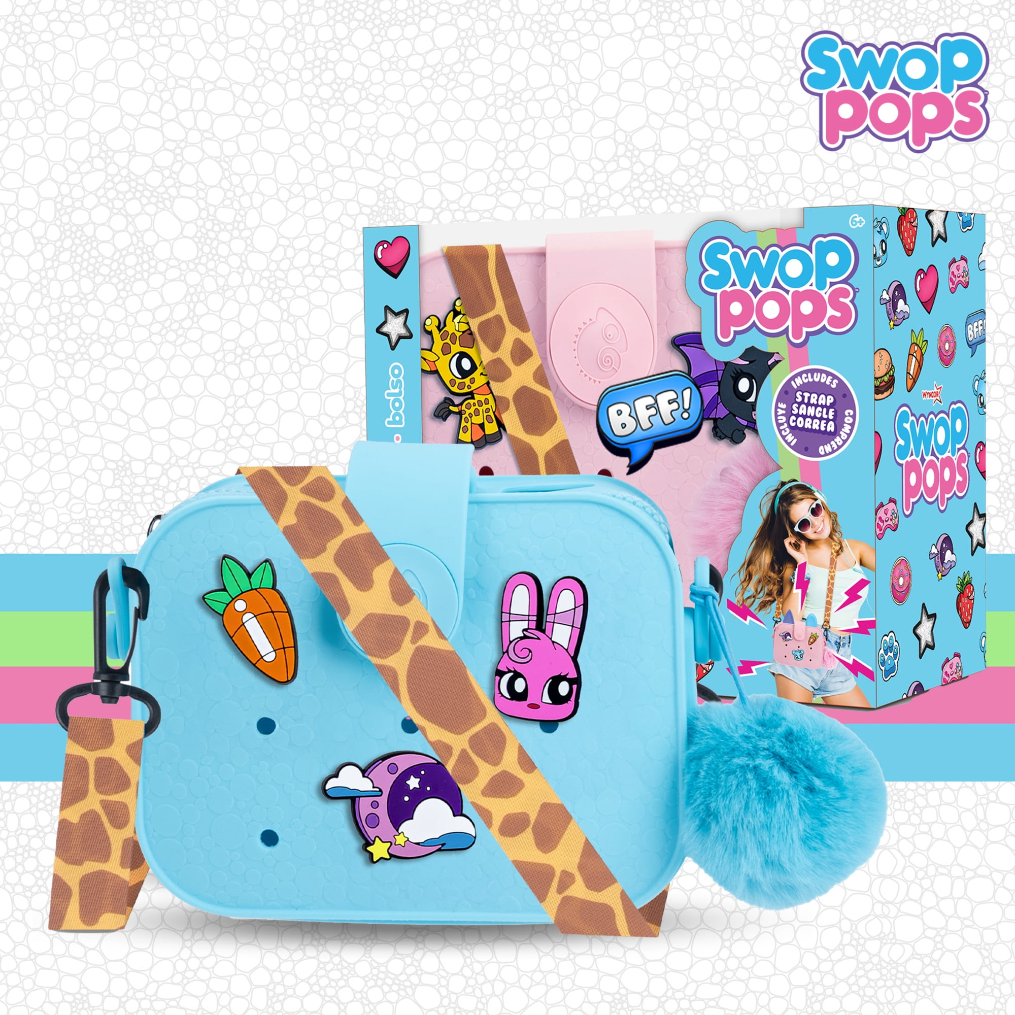 Swop Pop Ultimate Coin Purse Set - Kids Fashion Purse with Changeable Pops, Badges, Strap, Fluffy Pompom - Mix & Match Dress Up Bag for Girls with Interactive Pop Sound, Kid's Birthday Gift 6+ (Blue)