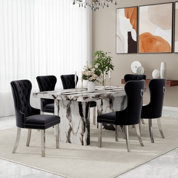 Roundhill Furniture Cavira 7-Piece Modern Dining Set, Faux Marble Dining Table with Four Chairs, Black
