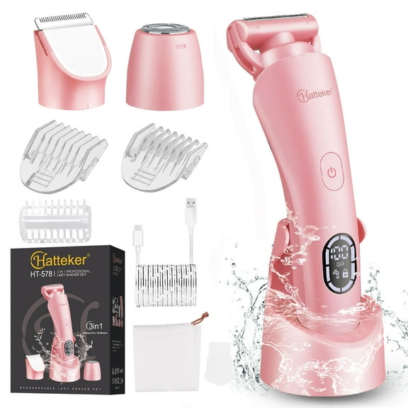 Hatteker Women's Electric Shaver Bikini Trimmer Hair Trimmer for Women LED Display Electric Razor for Legs Bikini Underarm Public Hairs Led Display IPX7 Waterproof Gift for Women (Pink)