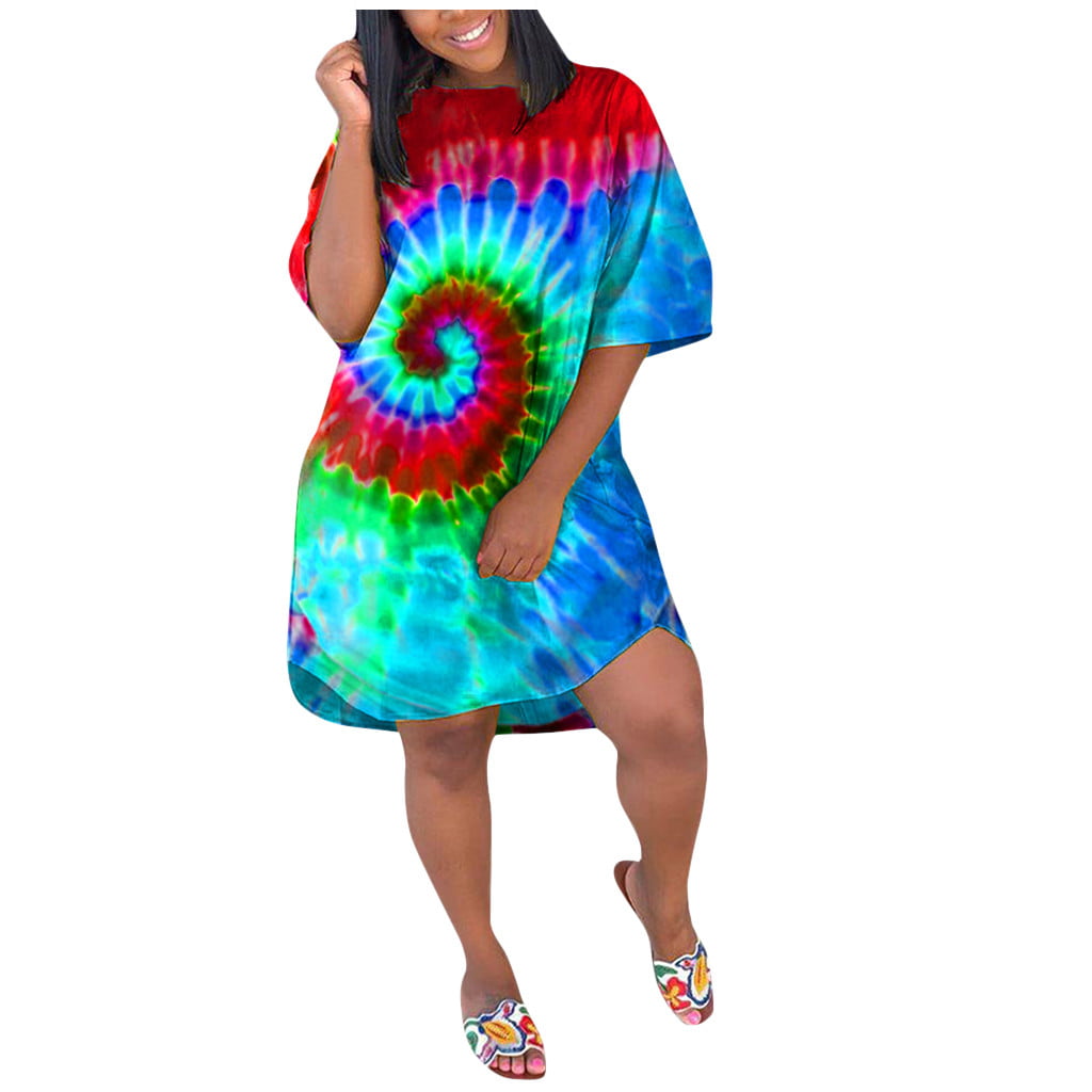 Women Tie-dye Print Short Sleeves O-Neck Loose Dress - Walmart.com