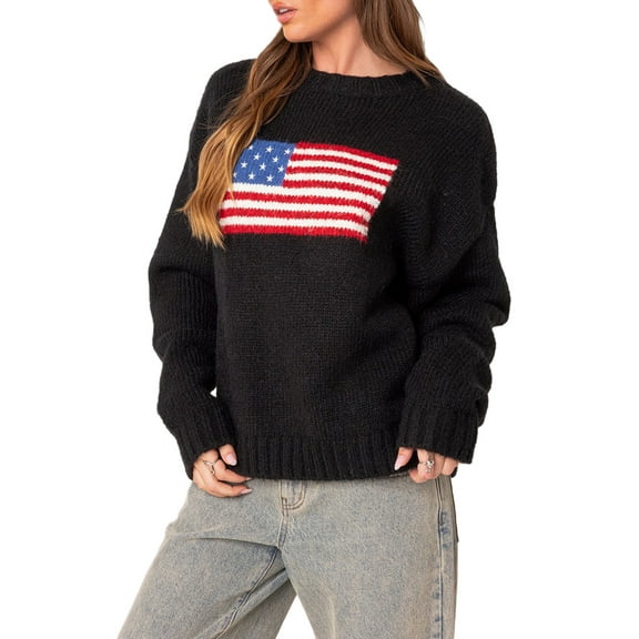 Baby Sweetie Women's American Flag Print Sweaters Graphic Loose Vintage Long Sleeve Knitted Pullover Fall Winter Tops