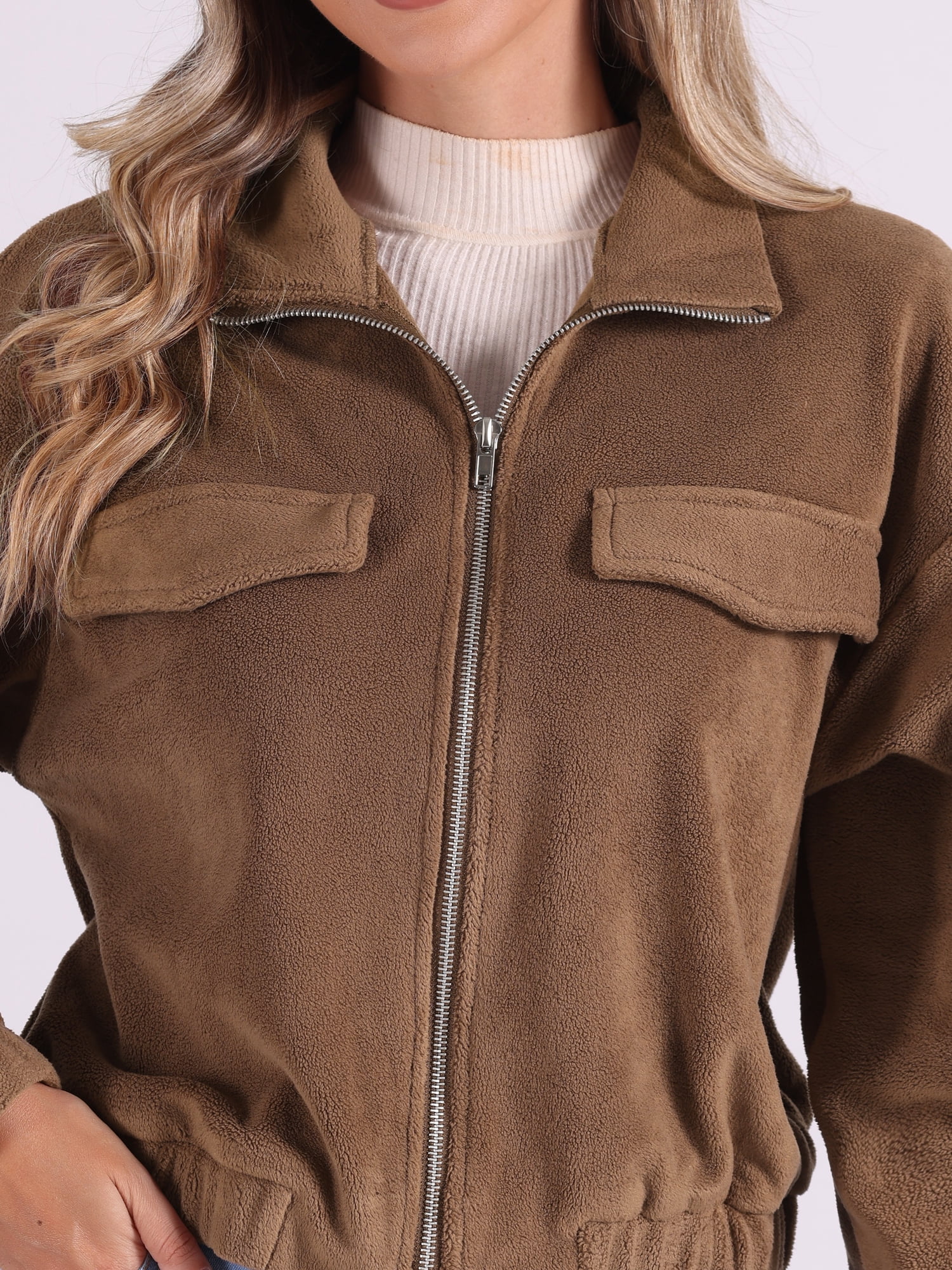 DARING DIVA Fuzzy Short Jacket Stand Collar Casual Crop Coat M Brown