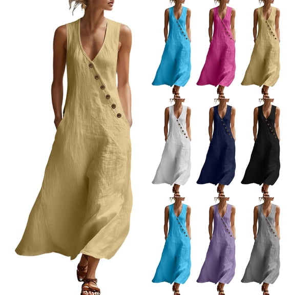 Vacation Dress Loose V Neck Dresses Women's Summer Casual Dress Gradual Sleeveless Neck V-Neck Long Dress Black Xl