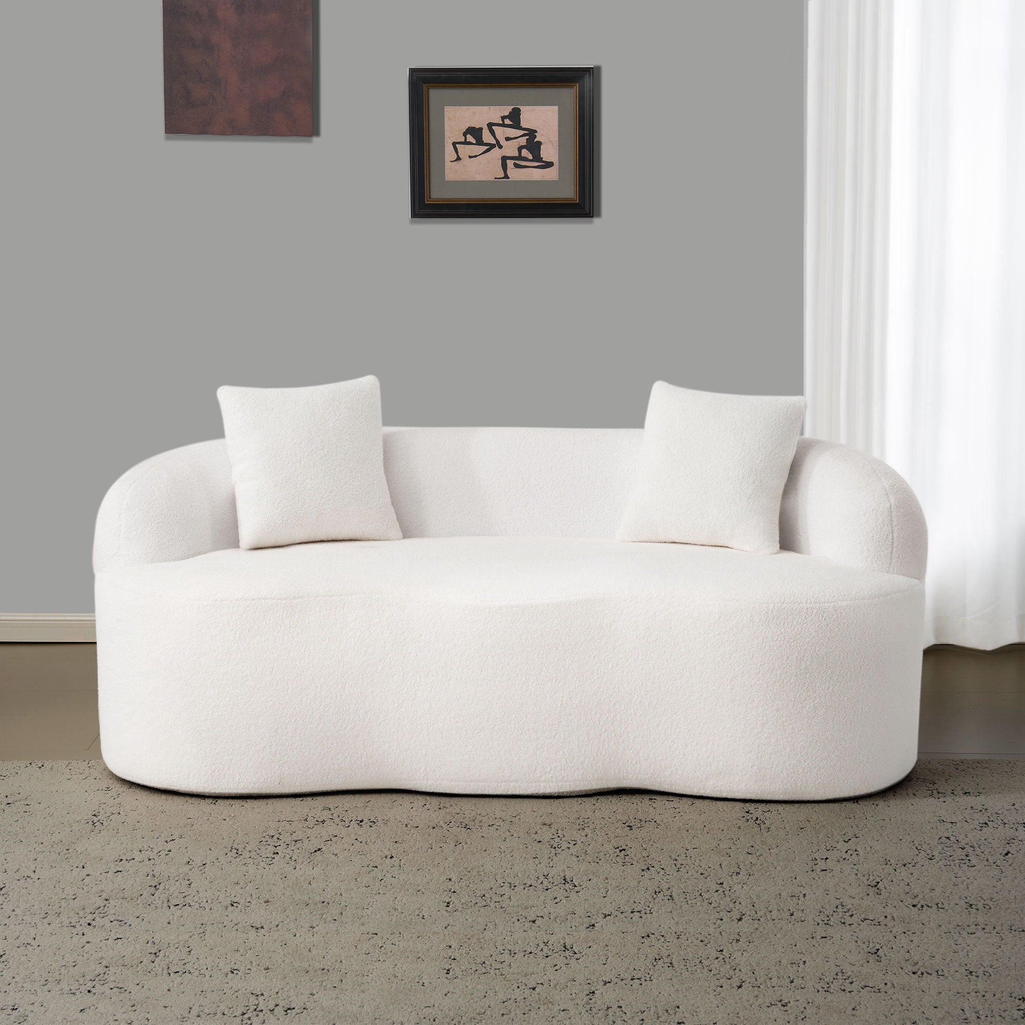 White Curved Loveseat Sofa with Round Armrest, Teddy Velvet Fabric Compression Couch with 2 Pillows, Cream Couch for Small Space, Living Room, Bedroom, No Assembly