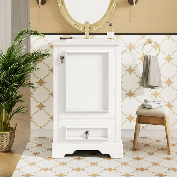 WGYPRIME 20" Bathroom Vanity with Ceramic Sink, Freestanding Bathroom Storage Cabinet w/ Door and Drawer, Modern Bathroom Sink Cabinet Suitable for Small Spaces